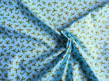 Turquoise Green Cotton Holly Berry Christmas Fabric, Festive Fabric, Holiday Fabric